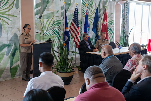 Brig. Gen. Karin Watson, adjutant general of the Guam National Guard, speaks at the State Partnership Program signing ceremony in Majuro, Republic of the Marshall Islands, Aug. 25, 2026.