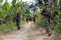 U.S. Marines with Alpha Company, 1st Battalion, 5th Marine Regiment, Marine Rotational Force – Darwin 26, and Indonesian marines with 7th Infantry Battalion, 4th Brigade, patrols during a jungle survival course as part of a platoon exchange near Lampung, Indonesia, Aug. 19, 2026.