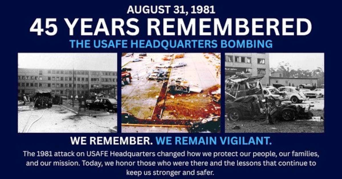 A graphic depicting the aftermath of the Aug. 31, 1981, bombing of U.S. Air Forces in Europe Headquarters at Ramstein Air Base, Germany