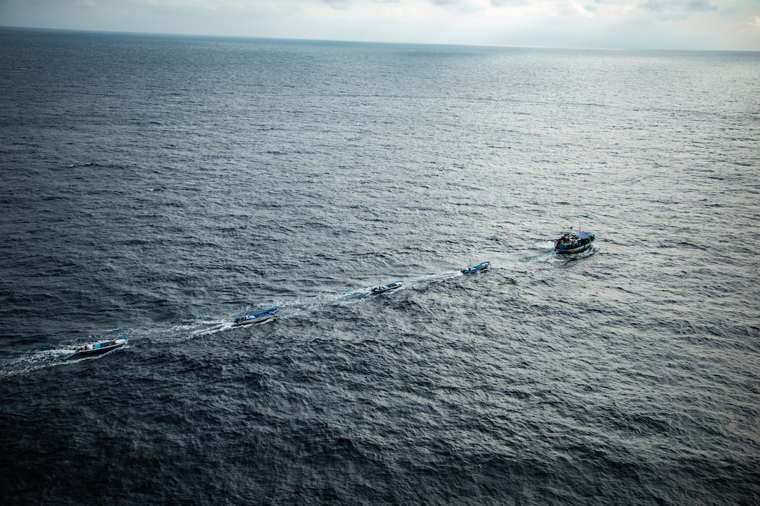 U.S. Marines with Littoral Combat Force-24 and U.S. Sailors with San Antonio-class amphibious transport dock USS San Antonio (LPD 17), approach a vessel of interest during a Maritime Interdiction Operation while underway in the Pacific Ocean, Aug. 28, 2026. U.S. military forces are deployed to the U.S. Southern Command area of responsibility in support of Joint Task Force Western Hemisphere, Department of War-directed operations, and the President's priorities to disrupt illicit drug trafficking, deter malign actors and protect the homeland through continuous presence. (U.S. Marine Corps photo)