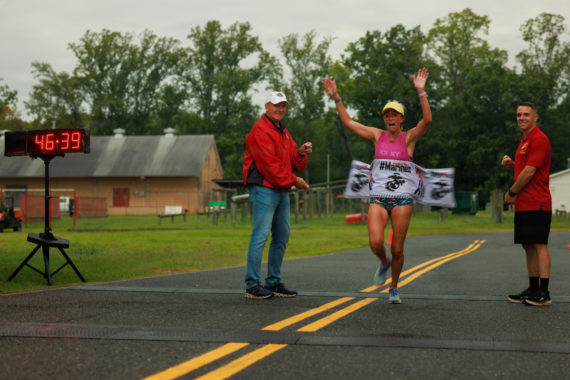 Participants run in the Marine Corps Marathon Quantico 12K race on Marine Corps Base Quantico, Virginia, Aug. 22, 2026. The event challenges runners and their individual tenacity as they ran 7.46 miles of trails through the woods of MCB Quantico's Officer Candidate School. (U.S. Marine Corps video by Cpl. Hannah Kear)