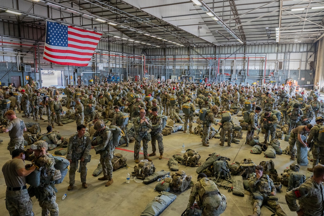 U.S. Army paratroopers prepare for a joint forcible entry operation during exercise Saber Junction 26 at Ramstein Air Base, Germany, Aug. 26, 2026.