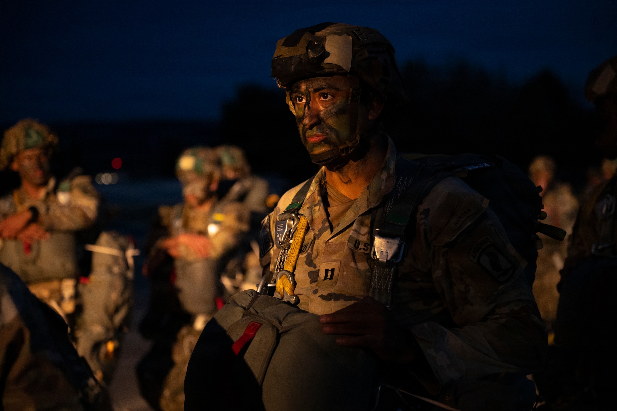 A U.S. Army paratrooper assigned to the 173rd Airborne Brigade prepares for a joint forcible entry operation during exercise Saber Junction 26 at Ramstein Air Base, Germany, Aug. 26, 2026.