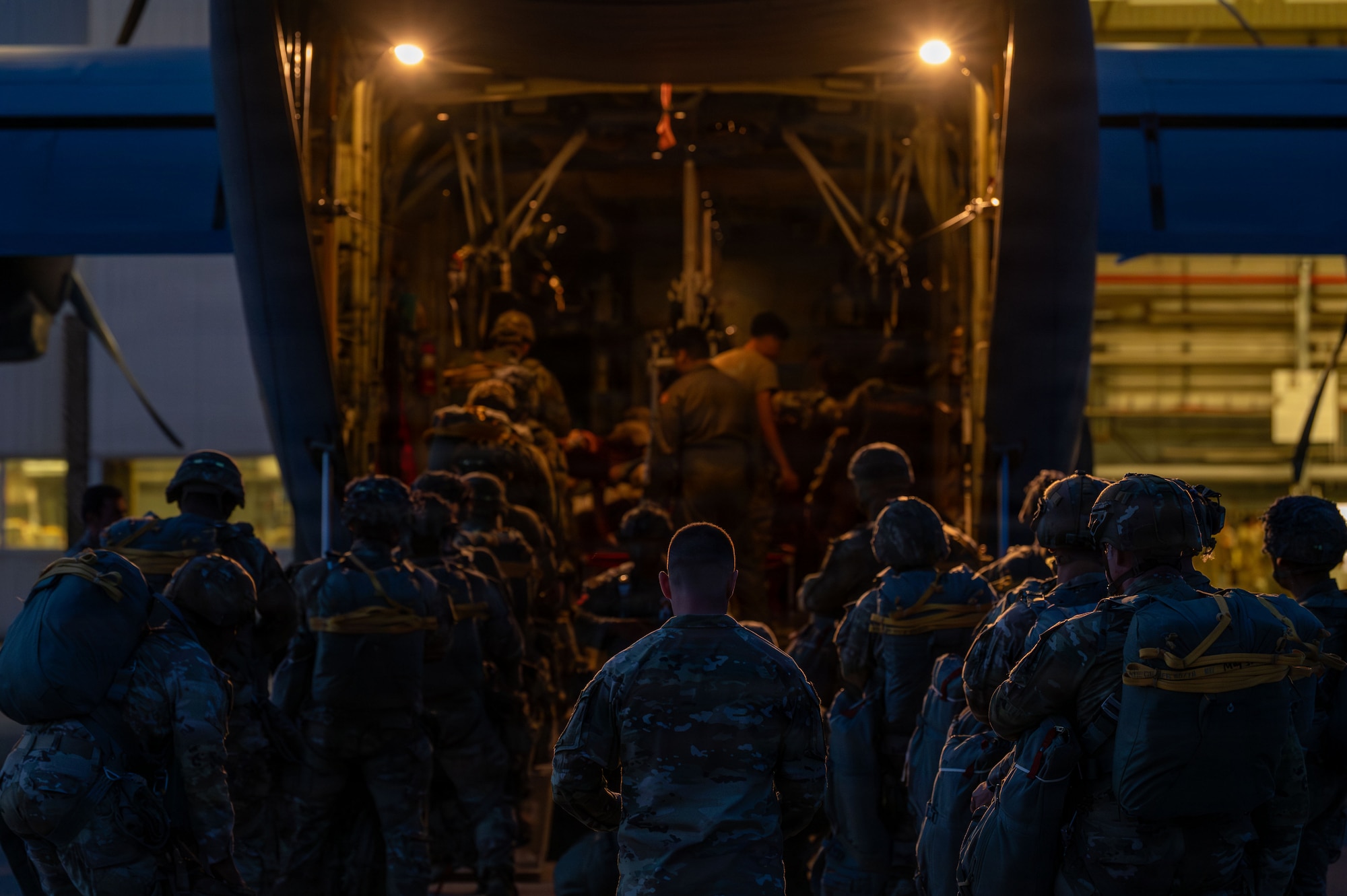 U.S. Army paratroopers assigned to the 173rd Airborne Brigade load onto a U.S. Air Force C-130J Super Hercules during Saber Junction 26 at Ramstein Air Base, Germany Aug. 26, 2026.