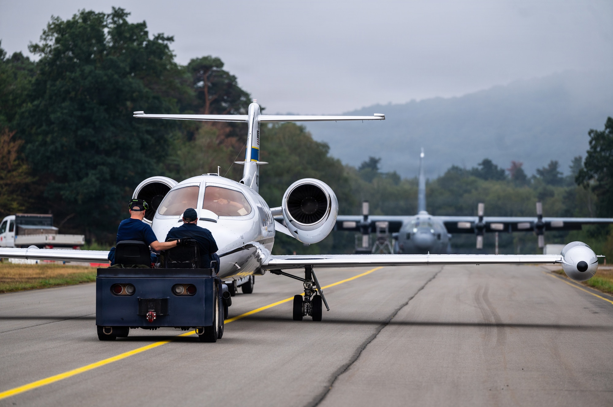 A U.S. Air Force C-21A Learjet aircraft taxis out to the runway at Ramstein Air Base, Germany, Aug. 26, 2026.