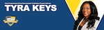 Graphic including image of Tyra Keys on background of blue and yellow with Naval Post Graduate School and DCMA logo.