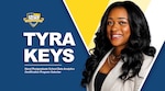 Graphic including image of Tyra Keys on background of blue and yellow with Naval Post Graduate School and DCMA logo.