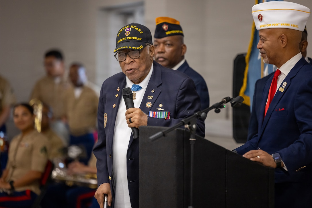Retired U.S. Marine Corps Maj. James C. Capers Jr., medal of honor recipient, speaks on his love for the Corps, during the 17th Annual Montford Point Marine Day Ceremony on Camp Gilbert H. Johnson, North Carolina, Aug. 28, 2026. Marine Corps Installations East-Marine Corps Base Camp Lejeune is dedicated to honoring the legacy of the first African American men who enlisted and trained in the United States Marine Corps from 1942 to 1949 by hosting this annual event. (U.S. Marine Corps photo by Cpl. Jessica J. Mazzamuto)