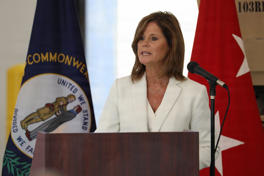Robbin Taylor, state director for U.S. Senator Mitch McConnell, speaks during a ceremony celebrating the opening of the new Field Maintenance Shop 7 in Burlington, Kentucky, Aug. 24, 2026.
