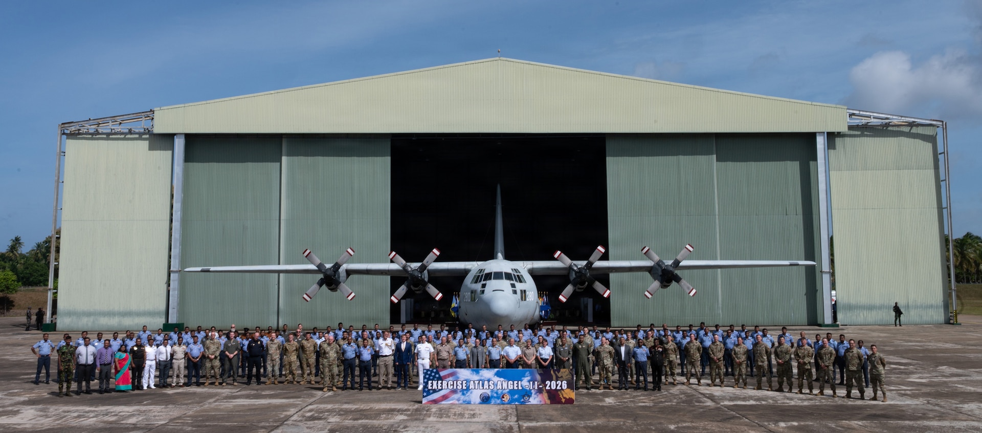 U.S. and Sri Lankan service members and distinguished guests pose for a group photo during Atlas Angel II at Sri Lanka Air Force Base Katunayake, Sri Lanka, Aug. 31, 2026.