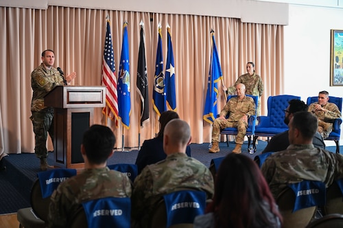 Senior Master Sgt. James Sweet speaks during the Department of the Air Force Portfolio Acquisition Executive for Command, Control, Communications and Battle Management’s change of responsibility ceremony at the Minuteman Commons, here, Aug 28. During the ceremony Chief Master Sgt. Brandon Oxton assumed the role of C3BM’s senior enlisted leader from Sweet. (Official Air Force photo by Morgan Brown).