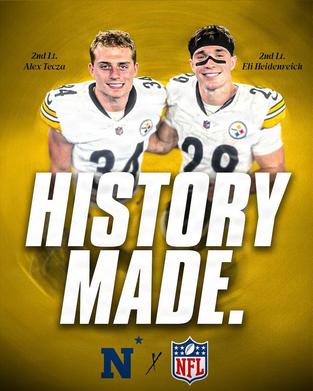 A graphic shows two me dressed in football uniforms smiling with the words “history made” written in front of them.