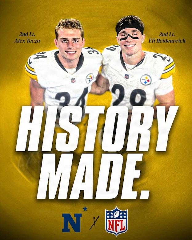 A graphic shows two me dressed in football uniforms smiling with the words “history made” written in front of them.