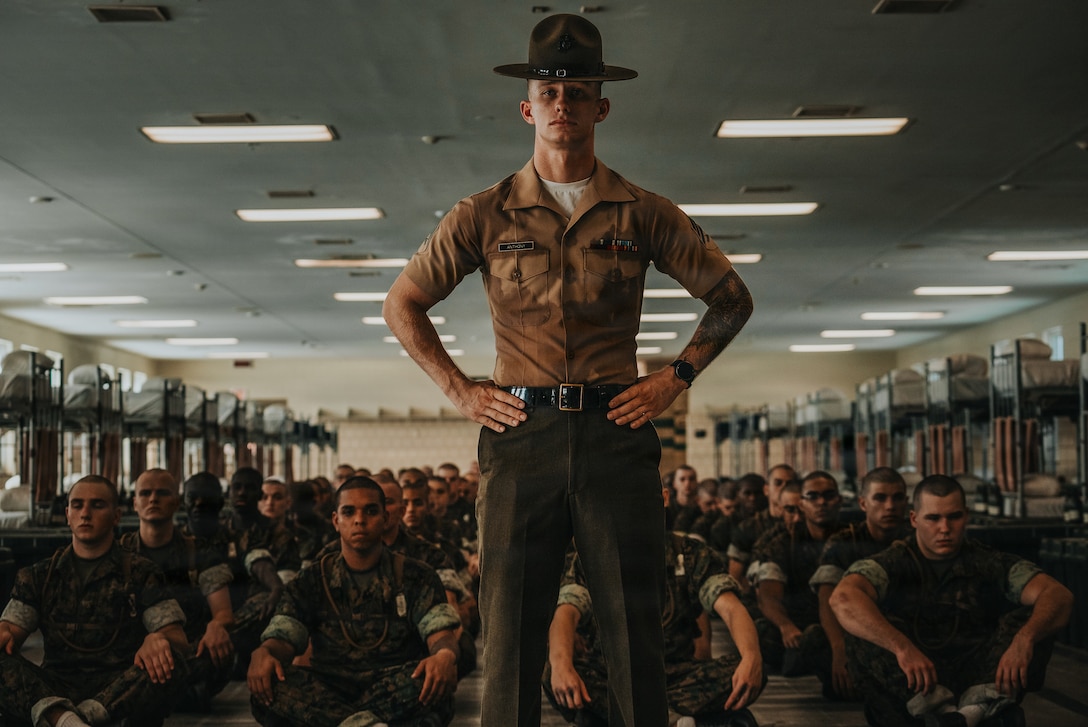 U.S. Marine Corps Sgt. Brandon Anthony, a senior drill instructor with Sierra Company, Support Battalion, Recruit Training Regiment, waits to report to the series commander during pick up on Marine Corps Recruit Depot Parris Island, S.C., Aug. 22, 2026. Pick up is when recruits meet the drill instructors who will be responsible for training and mentoring them during the 13-week recruit training. (U.S. Marine Corps photo by Cpl. Jordy Morales)
