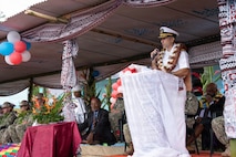 U.S. Navy Rear Adm. Aaron Taylor, Commander, Logistics Group Western Pacific/Task Force 73, addresses attendees of the official ribbon cutting ceremony for the Pacific Partnership 2026 Nabua Village schoolhouse building project in Savusavu, Fiji, Jul. 27, 2026.