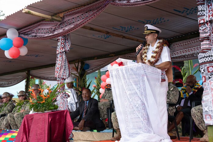 U.S. Navy Rear Adm. Aaron Taylor, Commander, Logistics Group Western Pacific/Task Force 73, addresses attendees of the official ribbon cutting ceremony for the Pacific Partnership 2026 Nabua Village schoolhouse building project in Savusavu, Fiji, Jul. 27, 2026.