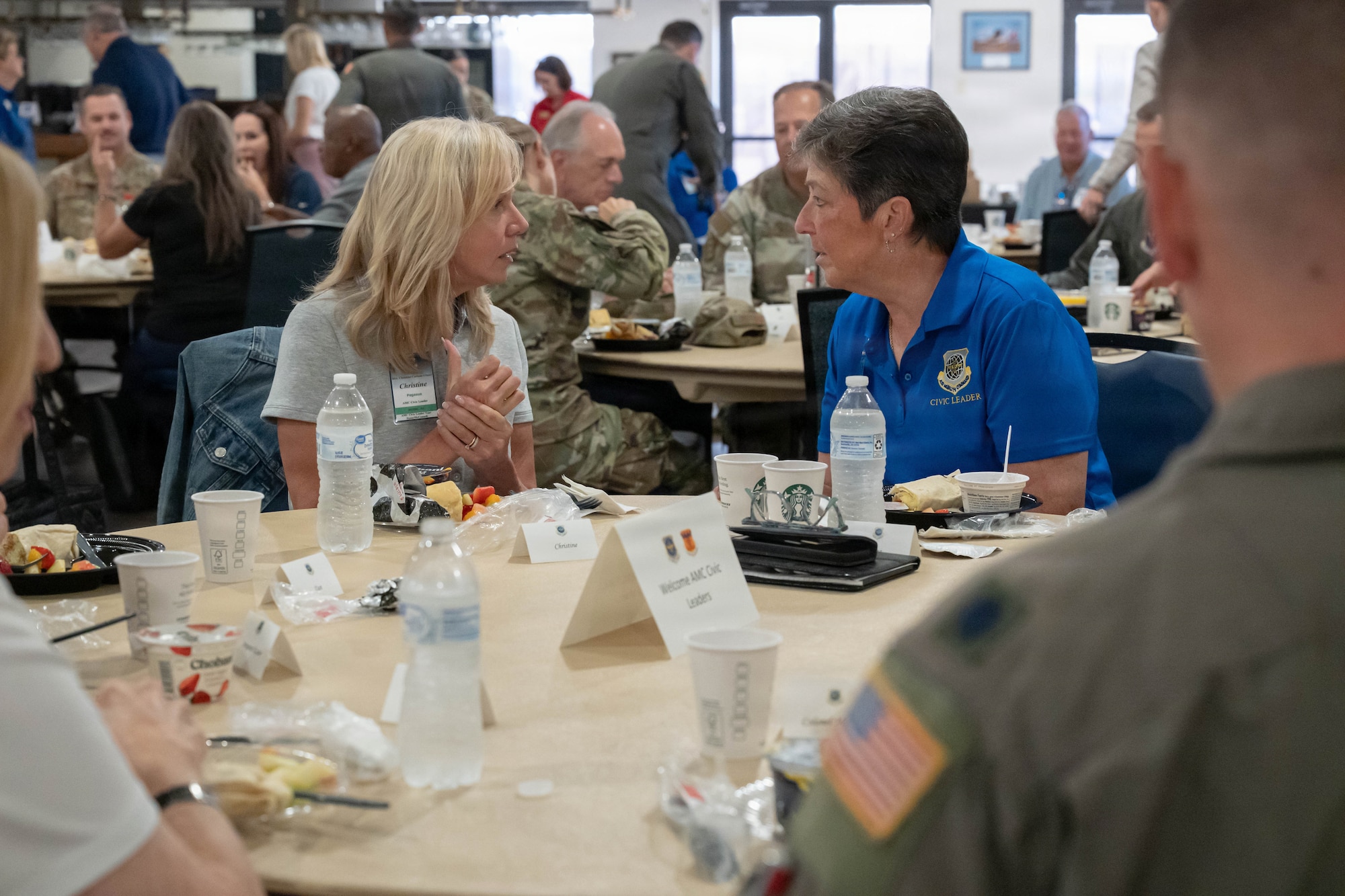 Christine Carlson-Glazer, left, Air Mobility Command civic leader representing Joint Base McGuire-Dix-Lakehurst, New Jersey, and Dr. Dina Vendetti, AMC civic leader representing Dover Air Force Base, Delaware, attend breakfast at Dyess AFB, Texas, Aug. 25, 2026. The engagement provided civic leaders an opportunity to discuss Dyess’ mission, Airmen and operational priorities directly with leaders from across the installation. (U.S. Air Force photo by Airman 1st Class Layla Desch)