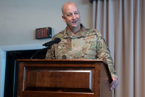 Brig. Gen. Joshua Williams speaks during the Department of the Air Force Portfolio Acquisition Executive for Command, Control, Communications and Battle Management’s change of responsibility ceremony at the Minuteman Commons, here, Aug 28. During the ceremony Chief Master Sgt. Brandon Oxton assumed the role of C3BM’s senior enlisted leader from Senior Master Sgt. James Sweet. Williams is the PAE for C3BM. (Official Air Force photo by Richard Blumenstein).