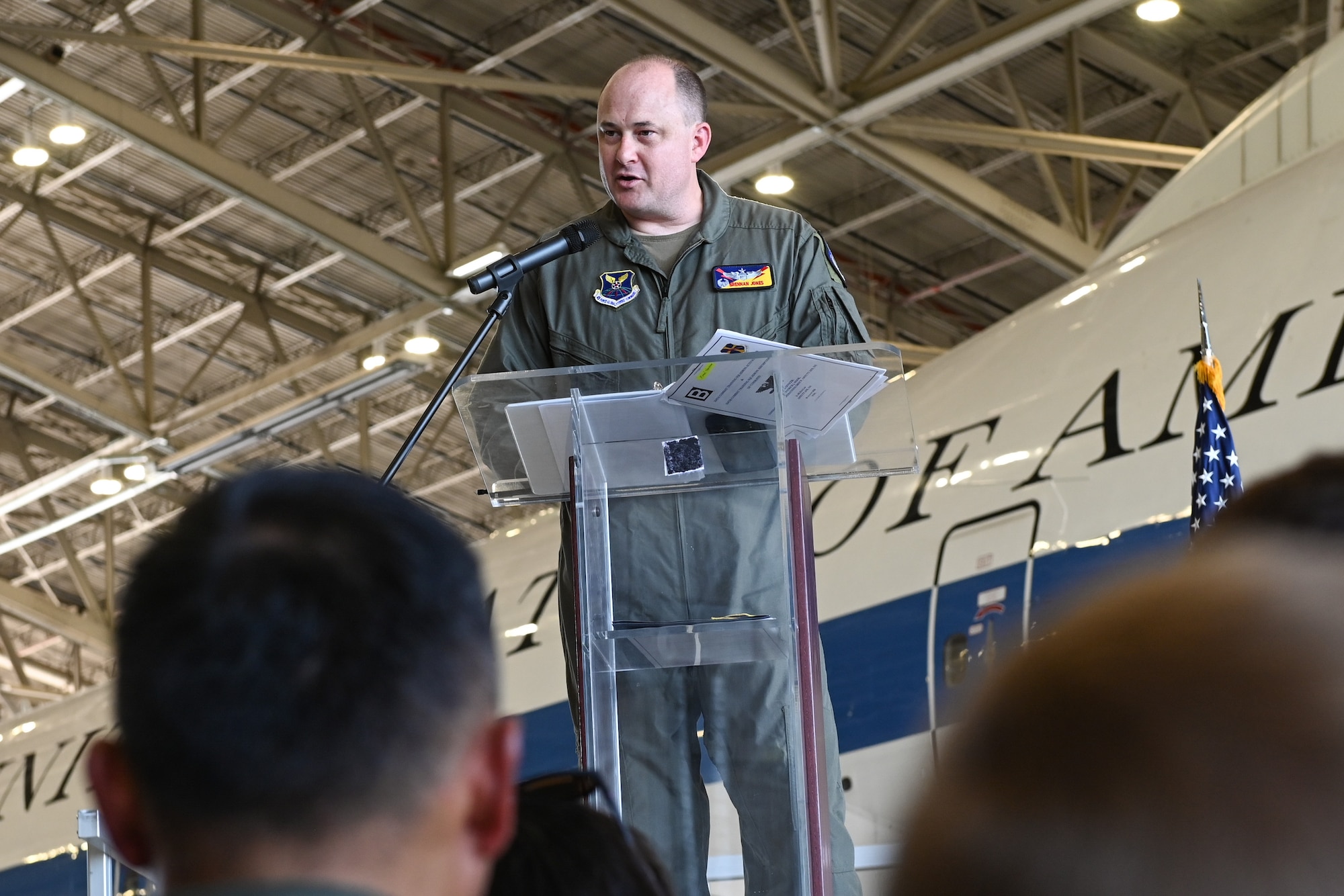 U.S. Air Force Lt. Col. Brennan Jones, incoming 334th Combat Training Squadron commander, speaks during the 334th CTS activation ceremony on Offutt Air Force Base, Nebraska, Aug. 28, 2026.
