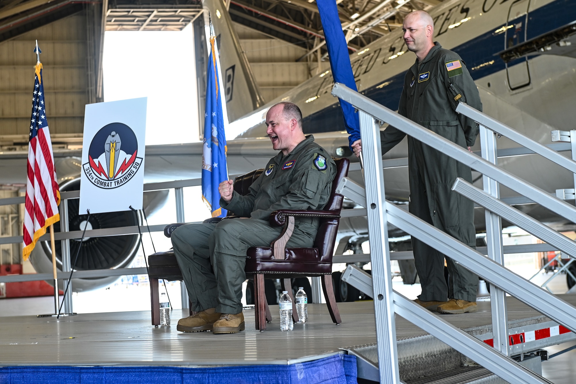 U.S. Air Force Lt. Col. Brennan Jones, incoming 334th Combat Training Squadron commander, pumps his fist during the 334th CTS activation ceremony on Offutt Air Force Base, Nebraska, Aug. 28, 2026.