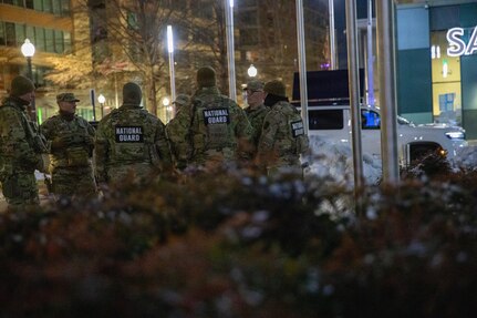 U.S. Army Brig. Gen. Leland D. Blanchard II, interim commanding general of the District of Columbia National Guard, visits Soldiers patrolling metro stations in Washington, D.C., Jan. 29, 2026. Approximately 2,600 National Guard members support the D.C. Safe and Beautiful mission by assisting the Metropolitan Police Department to help ensure the safety of residents, commuters and visitors throughout the District. (U.S. Army National Guard photo by Spc. Paris Hayes)