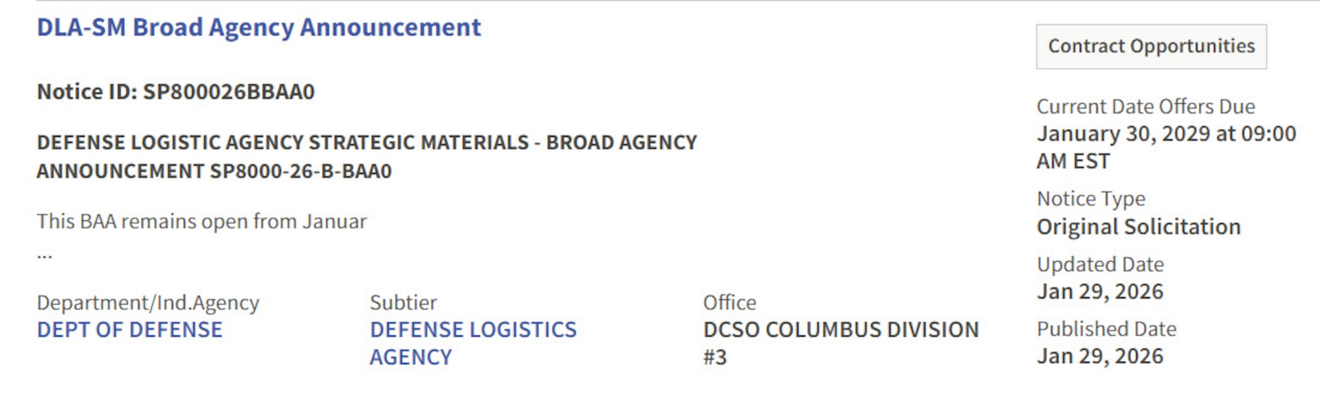 Example of Strategic Materials Broad Agency Announcement solicitation.