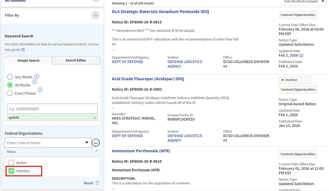 DLA Strategic Materials R&D solicitations on SAM.gov can be filtered by Inactive status to gather market research information from previously active solicitations.