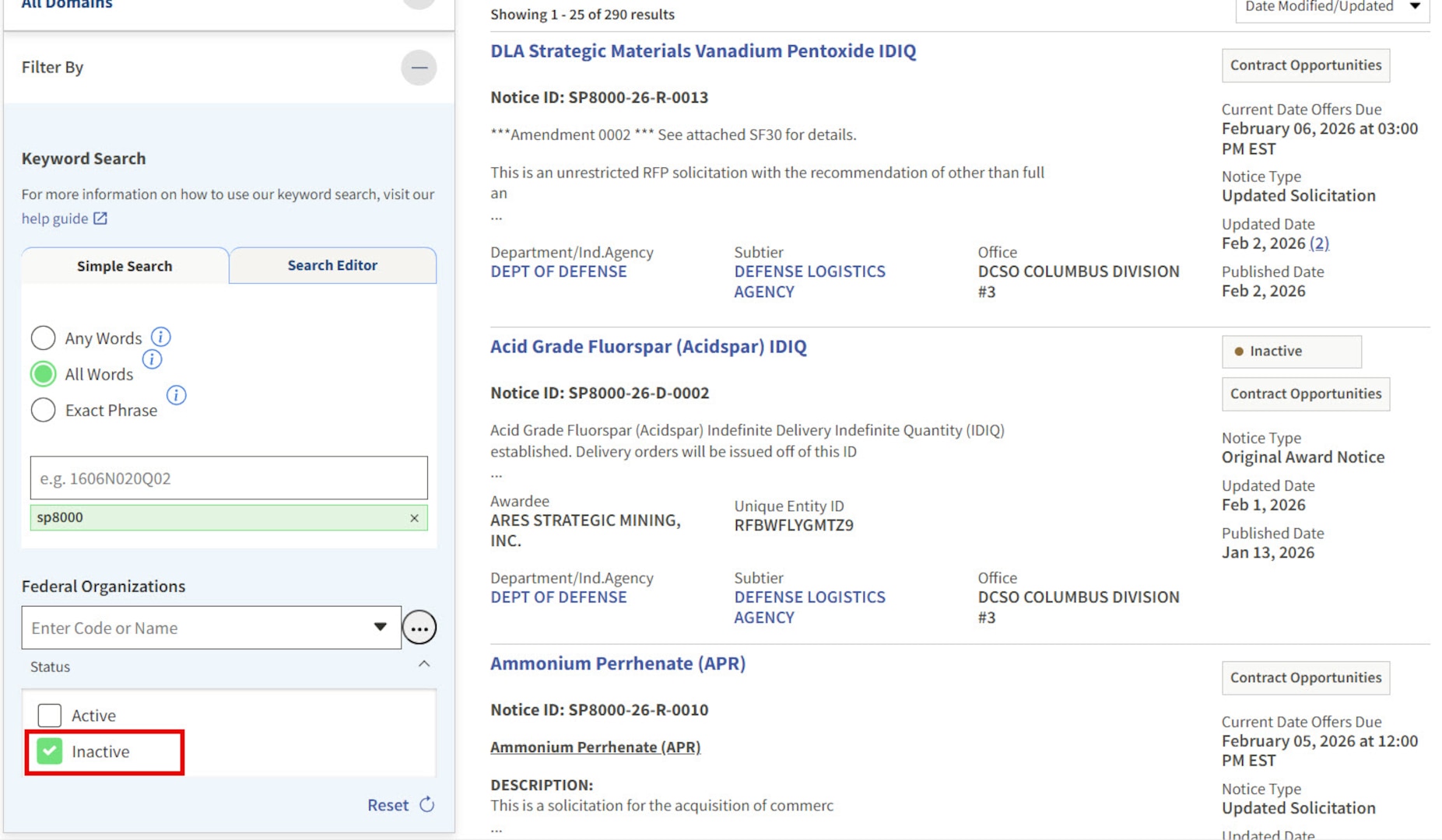 DLA Strategic Materials R&D solicitations on SAM.gov can be filtered by Inactive status to gather market research information from previously active solicitations.