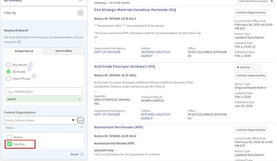 DLA Strategic Materials R&D solicitations on SAM.gov can be filtered by Inactive status to gather market research information from previously active solicitations.