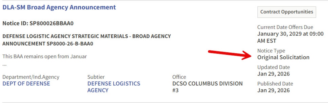 When conducting market research on SAM.gov into DLA Strategic Materials solicitations, identify those that have the Notice type Original Solicitation or Updated Solicitation to review needs, attachments, and requirements of the past.