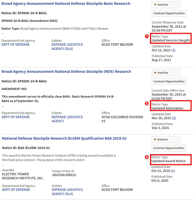 Examples of DLA Strategic Materials R&D solicitation types on SAM.gov: Sources Sought, Solicitation, and Original Award Notice.