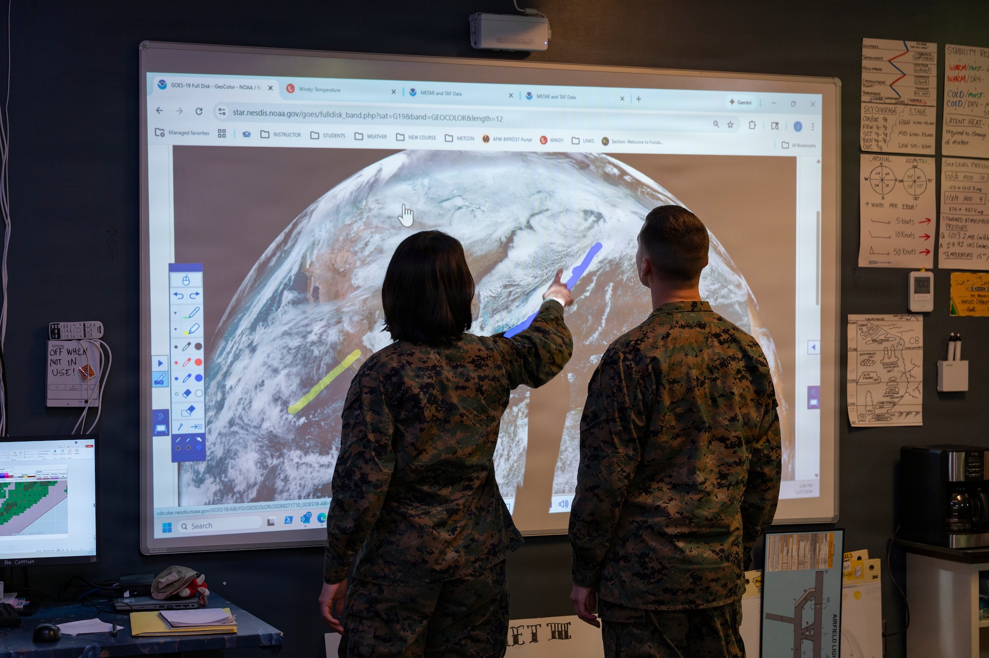 A white board with drawings is displayed.