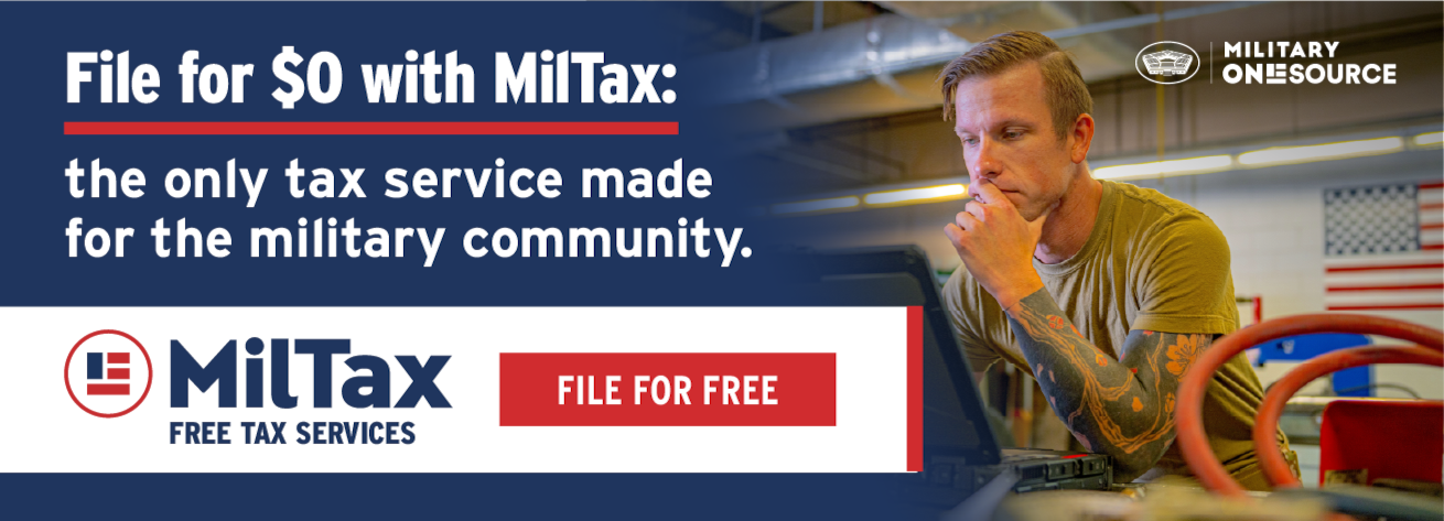 Military service member with tattoos sits at a workbench, looking at a laptop. Text reads: “File for $0 with MilTax: the only tax service made for the military community.” MilTax logo appears with a red button labeled “File for Free.” Military OneSource logo is shown in the top right.