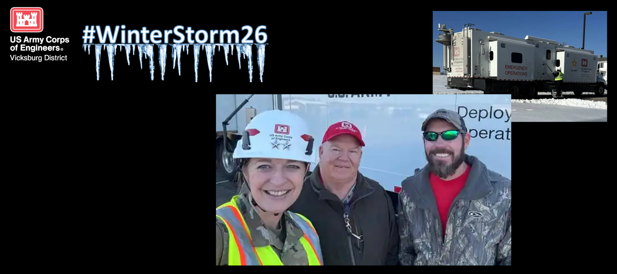 Heroes are made in the moment. While en route to refuel for the DTOS operations while deployed to support USACE's Temporary Emergency Power mission in response to the Winter Storm, USACE Vicksburg District's DTOS Operators Kyle Christy and Roger Arnold (here with MVD Commander MG Peeples) encountered a serious roadside emergency near Grenada, Mississippi. They spotted a vehicle off the roadway and a man lying motionless nearby. Realizing the man was alive, they begain providing care. With freezing temperatures, they acted quickly and flagged down a passing volunteer firefighter who helped to secure emergency assistance.