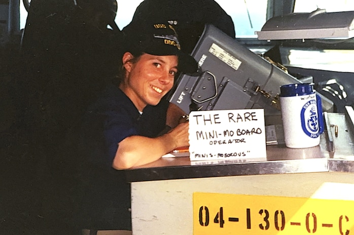 ARABIAN GULF (1998) — Karen Wingeart provided maneuvering recommendations to the officer of the deck using a maneuvering board aboard a U.S. Navy ship as the crew prepared to come alongside a refueling ship. Wingeart served as the junior officer of the deck during the underway replenishment and was referred to by her watch team as the “mini-moboard operator.”