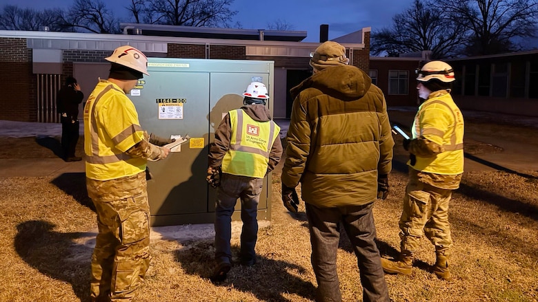 A U.S. Army Corps of Engineers power team from the Tulsa District conducts a pre-installation inspection at Norman Binkley School in Nashville, Tenn., on Feb. 1, 2026, to evaluate the status of the school's power system. FEMA tasked the Corps with assessing eight schools impacted by Winter Storm Fern following a request from the state of Tennessee. (U.S. Army Corps of Engineers photo by Billie Jean Dawson)