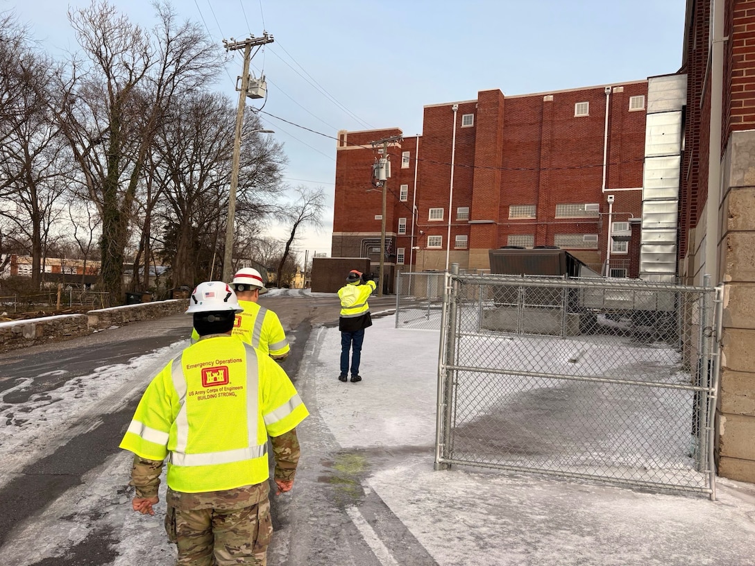A U.S. Army Corps of Engineers power team from the Tulsa District conducts a pre-installation inspection at East Nashville High school in Nashville, Tenn., on Feb. 2, 2026, to evaluate the status of the school's power system. FEMA tasked the Corps with assessing eight schools impacted by Winter Storm Fern following a request from the state of Tennessee. (U.S. Army Corps of Engineers photo by Adam Cocke)