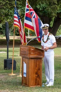 Pearl Harbor Naval Shipyard and Intermediate Maintenance Facility Commander Capt. Ryan D. McCrillis speaks about the shipyard’s shared history with USS Oklahoma (BB 37) at the USS Oklahoma Memorial, Joint Base Pearl Harbor-Hickam, Dec. 7, 2025.