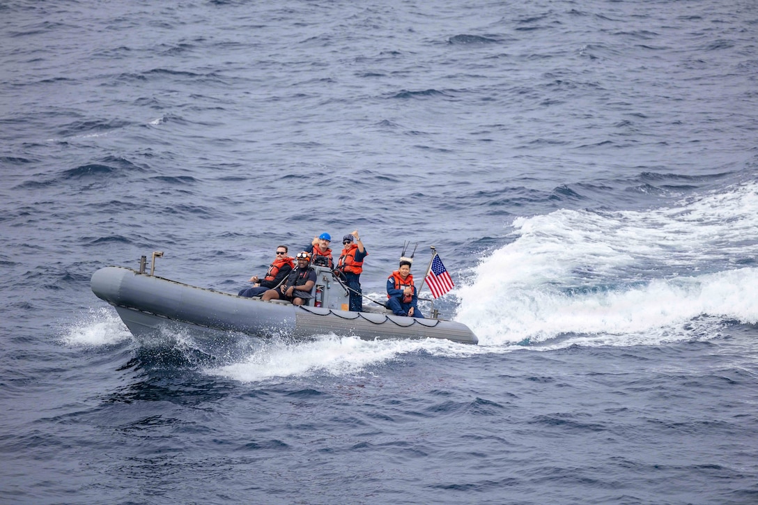 ARABIAN SEA (Jan. 29, 2026) U.S. Sailors, assigned to Arleigh Burke-class guided-missile destroyer USS Spruance (DDG 111), conduct small boat operations in the Arabian Sea, Jan. 29. Spruance is deployed to the U.S. 5th Fleet area of operations to support maritime security and stability in the U.S. Central Command area of responsibility. (U.S. Navy photo by Mass Communication Specialist 2nd Class Jordan Steis)