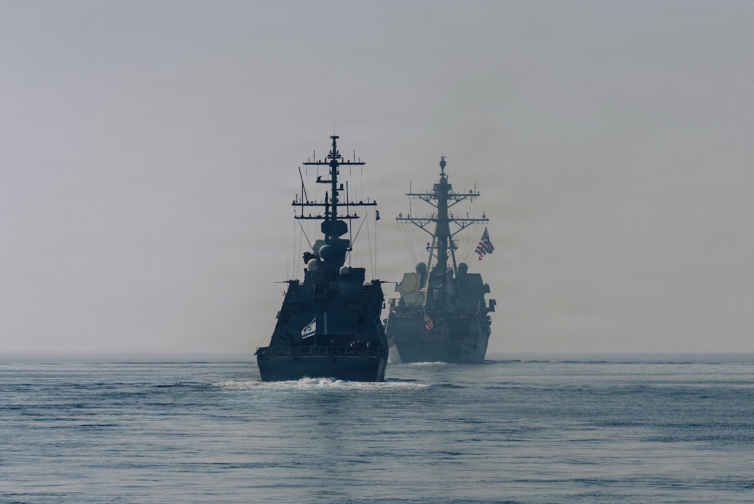 Arleigh Burke-class guided-missile destroyer USS Delbert D. Black (DDG 119) conducts a routine maritime exercise with Israeli naval ship INS Eilat in the Red Sea following a previously scheduled port call, Feb 1, 2026. The combined training demonstrated the strong military partnership between U.S. 5th Fleet and the Israeli Navy. Delbert D. Black is deployed to the U.S. 5th Fleet area of operations to support maritime security and stability in the U.S. Central Command area of responsibility. (Courtesy photo)