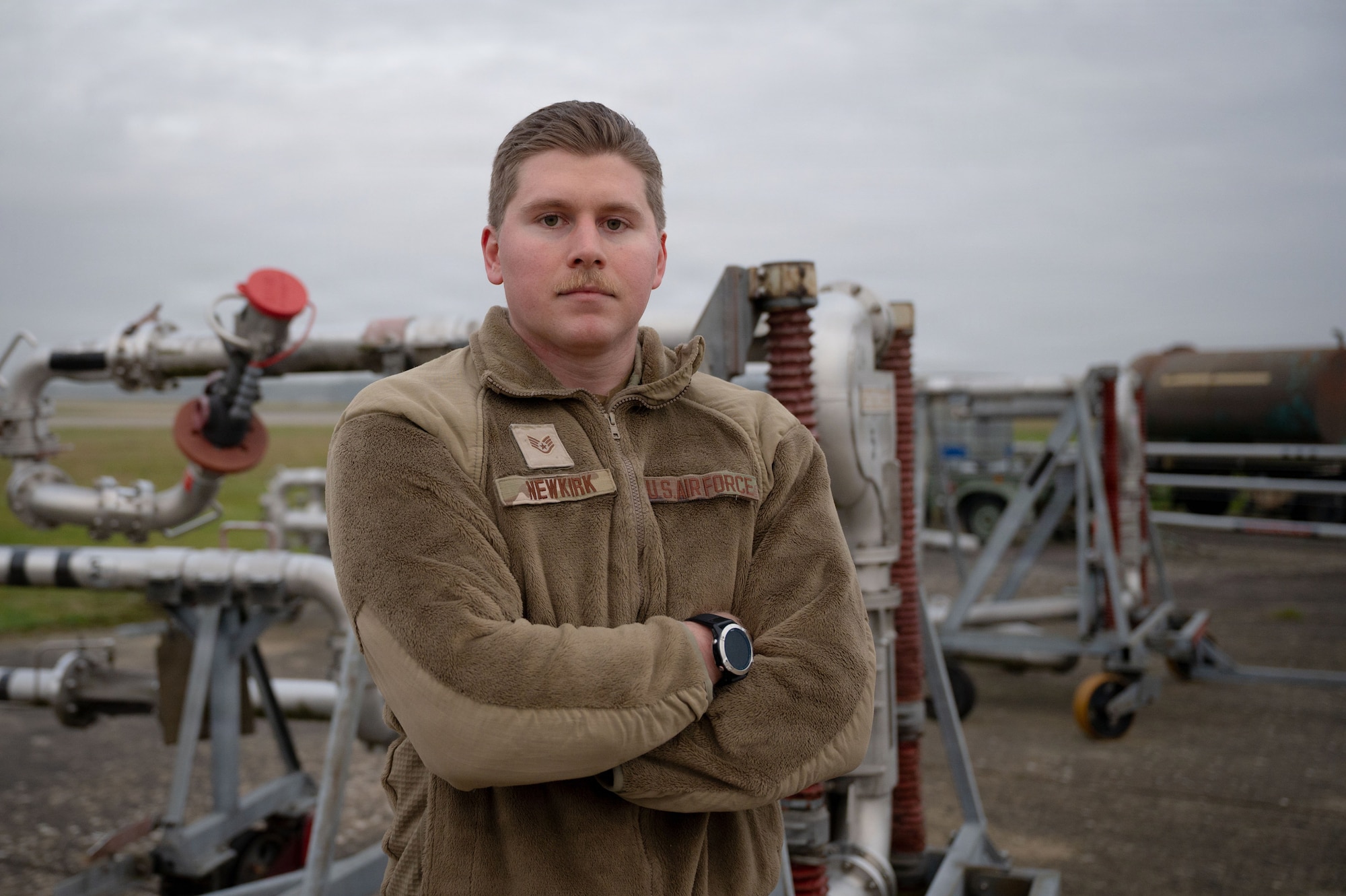 U.S. Air Force Staff Sgt. Austin Newkirk, 100th Civil Engineer Squadron liquid fuels technician, poses for a picture on RAF Mildenhall, England, Jan. 26, 2026.