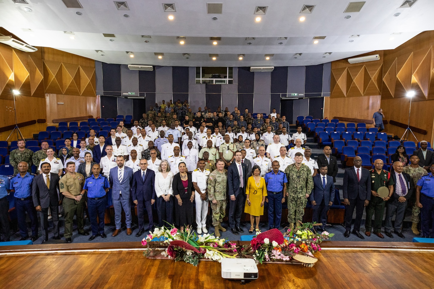 Participants and official party of Cutlass Express 2026 (CE 26) stand for a group photo during the opening ceremony at the Mauritius Police Band Headquarters.