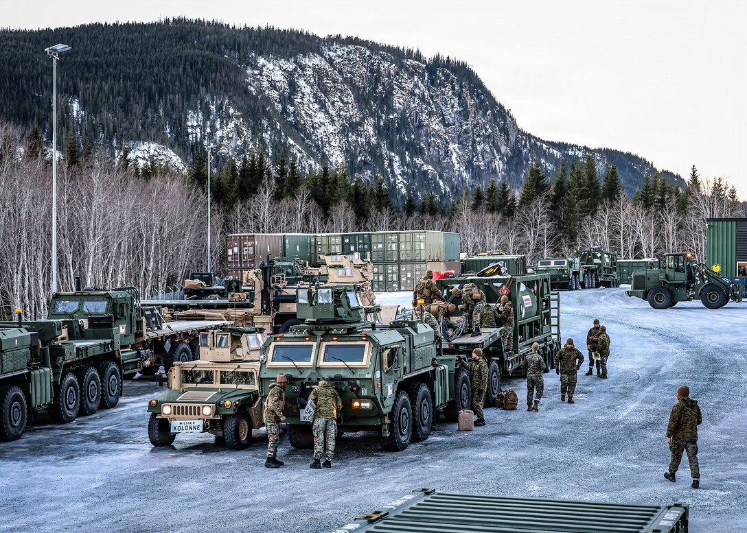 U.S. Marines prepare prepositioned motor transport equipment at a Marine Corps Prepositioning Program–Norway cave site Jan. 22, 2026, in Norway, ahead of convoy operations supporting exercise Cold Response 26. The preparation supports safe, coordinated movement and timely employment of equipment issued to II Marine Expeditionary Force Marines. (U.S. Marine Corps photo by Cpl. Nicholas Martinez)