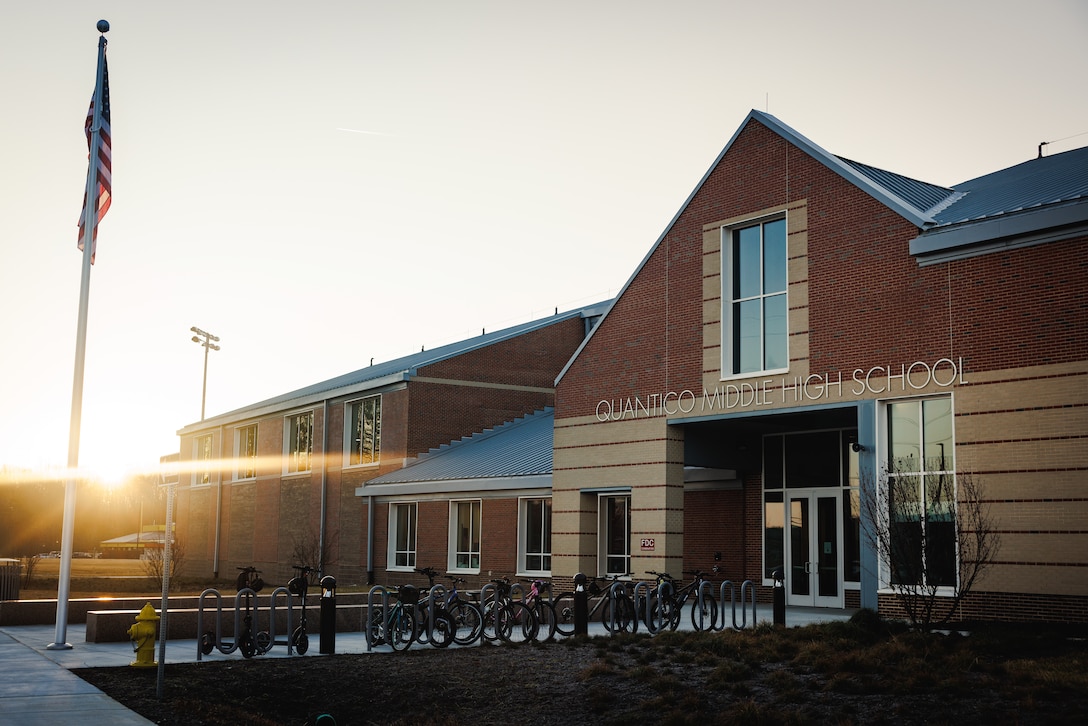 This photo features the new building of Quantico Middle/High School on Marine Corps Base Quantico, Virginia, Jan. 8, 2026. The Quantico Middle/High School is the main public secondary school on MCB Quantico, focusing on preparing students for college and career readiness through engaging instructional strategies and a variety of extracurricular activities. (U.S. Marine Corps photo by Cpl. Braydon Rogers)