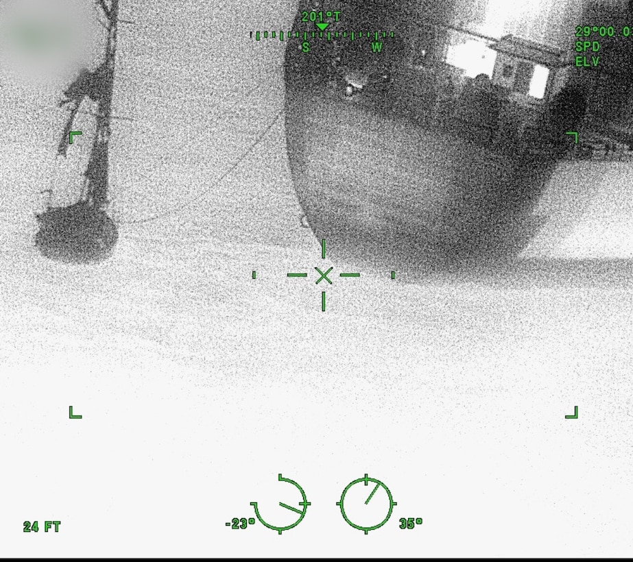 A Coast Guard Air Station Elizabeth City HC-130 Hercules aircrew and motor tanker Radiant Pride's crew rescue three mariners aboard a 44-foot sailing vessel taking on water, 450 miles east of Daytona Beach, Feb. 1, 2026. Coast Guard Southeast District watchstanders received a notification via emergency position-indicating radio beacon at approximately 3:20 p.m., alerting watchstanders that the 44-foot sailing vessel was in distress. (U.S. Coast Guard photo courtesy of Air Station Elizabeth City HC-130 aircrew)