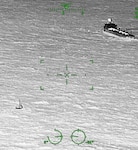 The crew of motor tanker Radiant Pride arrives on scene with three mariners aboard a 44-foot sailing vessel taking on water, 450 miles east of Daytona Beach, Feb. 1, 2026. Pride's crew arrived on scene after a Coast Guard Air Station Elizabeth City HC-130 Hercules aircrew issued a distress radio broadcast requesting assistance for the rescue. (U.S. Coast Guard photo courtesy of Air Station Elizabeth City HC-130 aircrew)