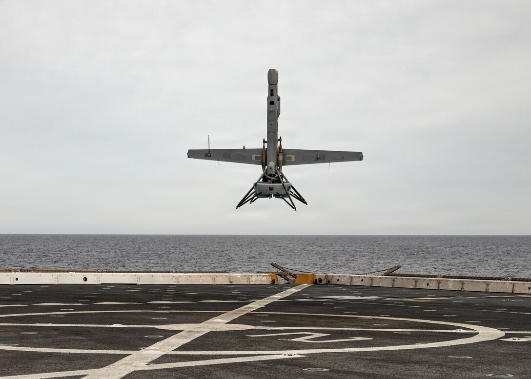 A V-BAT unmanned aerial system lands on the flight deck of San Antonio-class amphibious transport dock ship USS Portland (LPD 27) in the Pacific Ocean, Jan. 28, 2026. The 11th Marine Expeditionary Unit is currently underway aboard the Boxer Amphibious Ready Group in the U.S. 3rd Fleet area of operations conducting integrated training that enhances lethality and warfighting readiness. (U.S. Marine Corps photo by Lance Cpl. Luke Rodriguez)