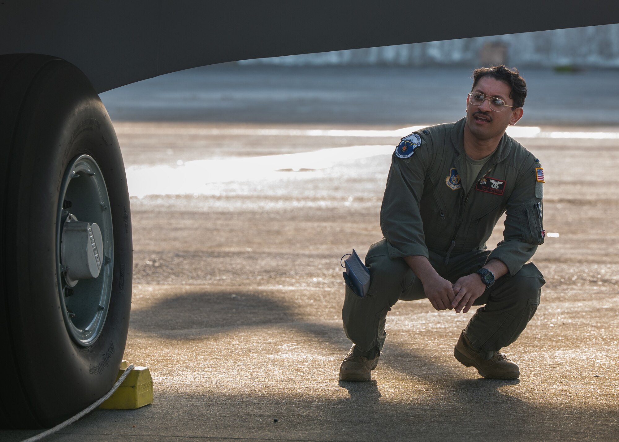 U.S. Air Force 1st Lt. Ghamanpreet Ahluwalia, 909th Air Refueling Squadron KC-135 Stratotanker pilot, conducts preflight checks before takeoff from Kadena Air Base, Japan.