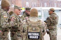 U.S. Army Brig. Gen. Leland D. Blanchard II, interim commanding general of the District of Columbia National Guard, visits with Soldiers and Airmen supporting the D.C. Safe and Beautiful mission in Washington, D.C., Jan. 31, 2026. As the senior leader of the D.C. National Guard, Blanchard provides command oversight and guidance to National Guard forces supporting public safety and interagency coordination across the capital. His visit reinforced the importance of disciplined presence, partnership with local and federal agencies, and sustained readiness in support of the mission. (U.S. Air National Guard photo by Master Sgt. William Blankenship)