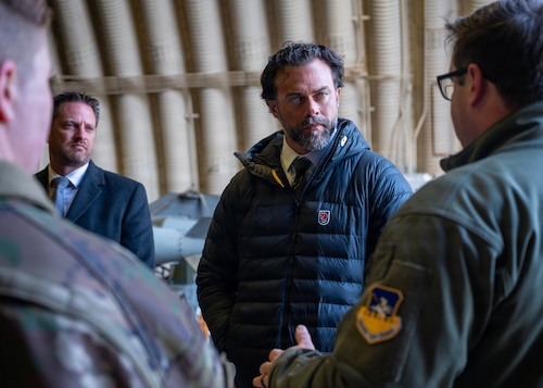 Under Secretary of the Air Force Matt Lohmeier is briefed on the Super Squadrons test at Osan Air Base, Republic of Korea, Jan. 30, 2026. Lohmeier is visiting the Indo-Pacific to engage with Airmen, Guardians, allies, and partners and to see firsthand how Pacific Air Forces is postured to meet strategic challenges in the region. (U.S. Air Force photo by Staff Sgt. Sarah Williams)